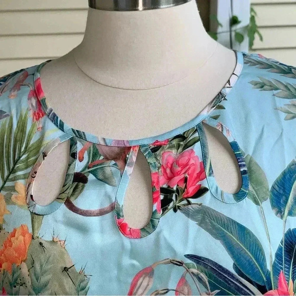 RSVP by Talbots Blouse Aqua Tropical Jungle Print L Flutter Sleeve Floral Monkey - Picture 9 of 9